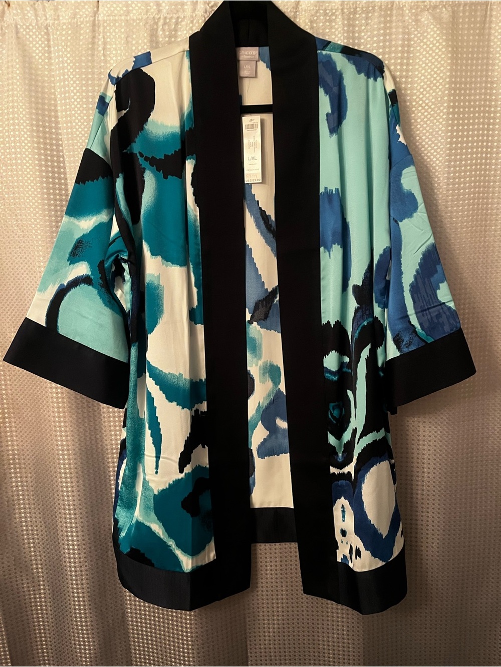 Chico's Blue Teal White Abstract Open-Front Short Kimono
